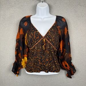 Women's Contrast Peasant Blouse - Navy, Brown, and Orange